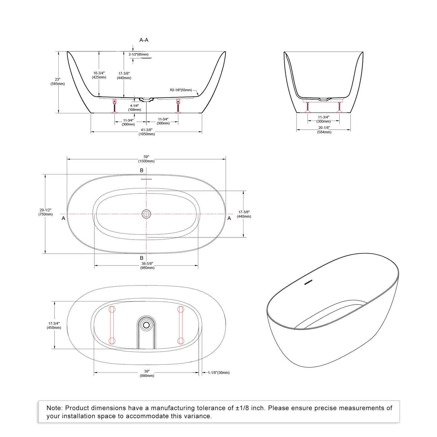 Freestanding Acrylic Oval Bathtub 59"x29.5" - White