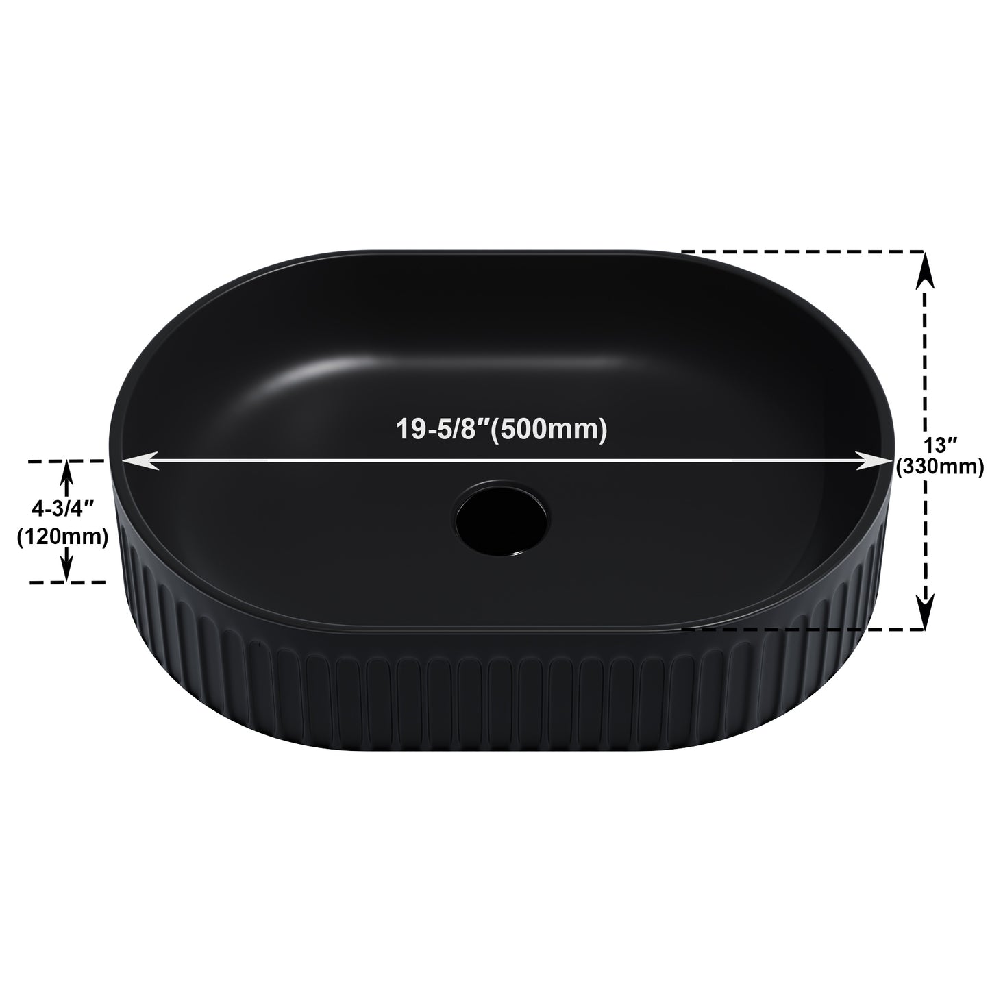 Fluted Ceramic Vessel Sink - Matte Black Oval - 20"x13"x5"