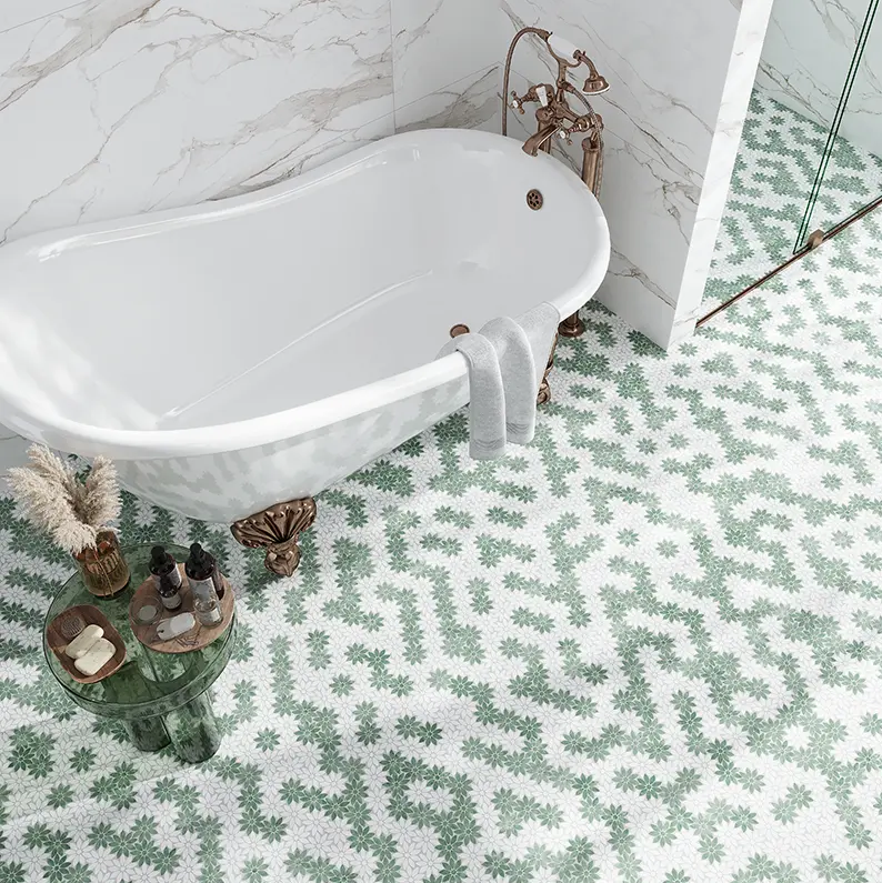 Mint Blossom Green & White Polished Natural Stone Mosaic Tile
