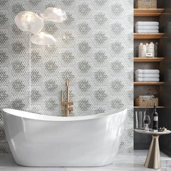 Petal Bloom Ivory Glossy Glass Floral Mosaic Tile