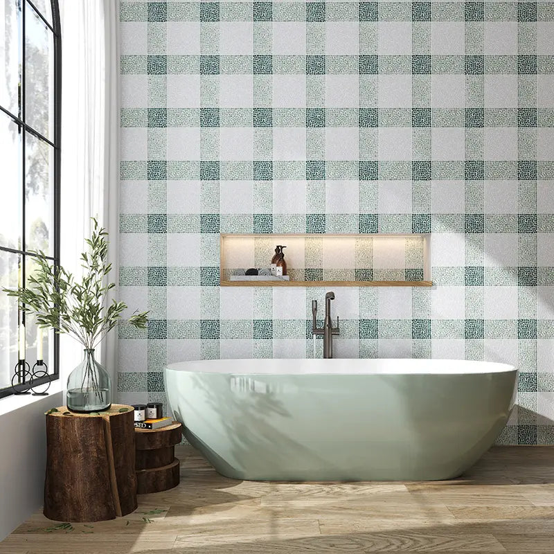 Artisan Green & White Natural Stone Checkerboard Mosaic Tile