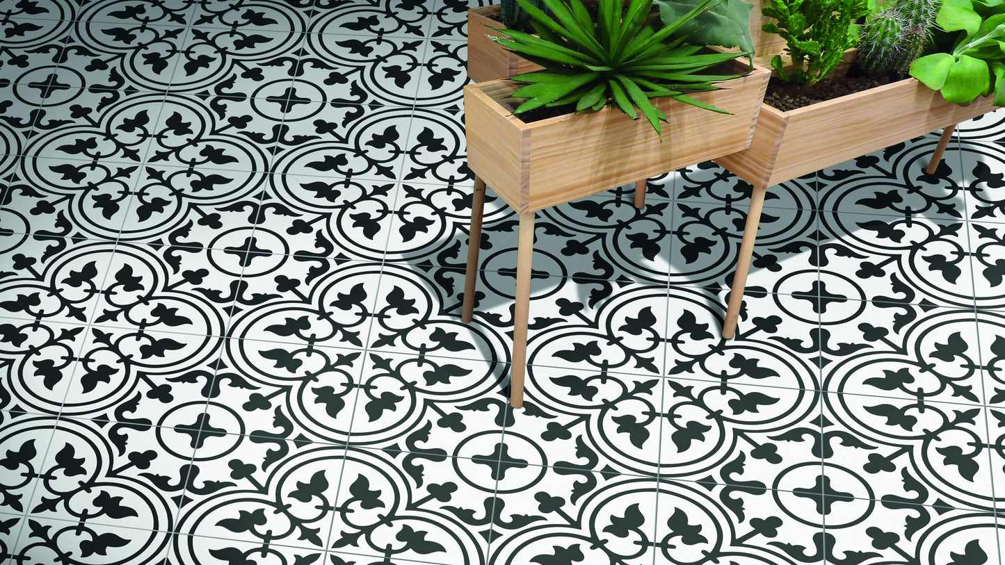 8x8 Black and White Bell porcelain tile - Industry Tile