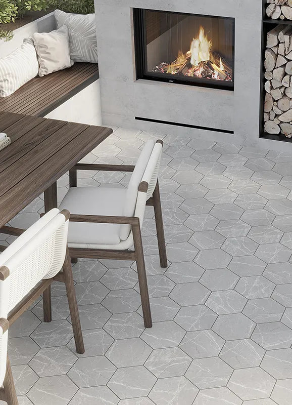 Marble Pietra Gray Matte Hexagon Porcelain Tile 8" × 9"