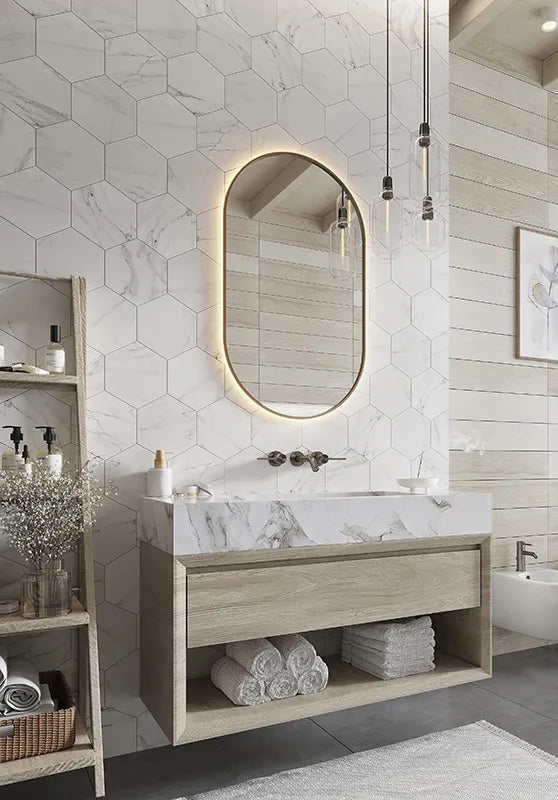 Marble Matte Hexagon Porcelain Tile 8" × 9" | 2 Colors
