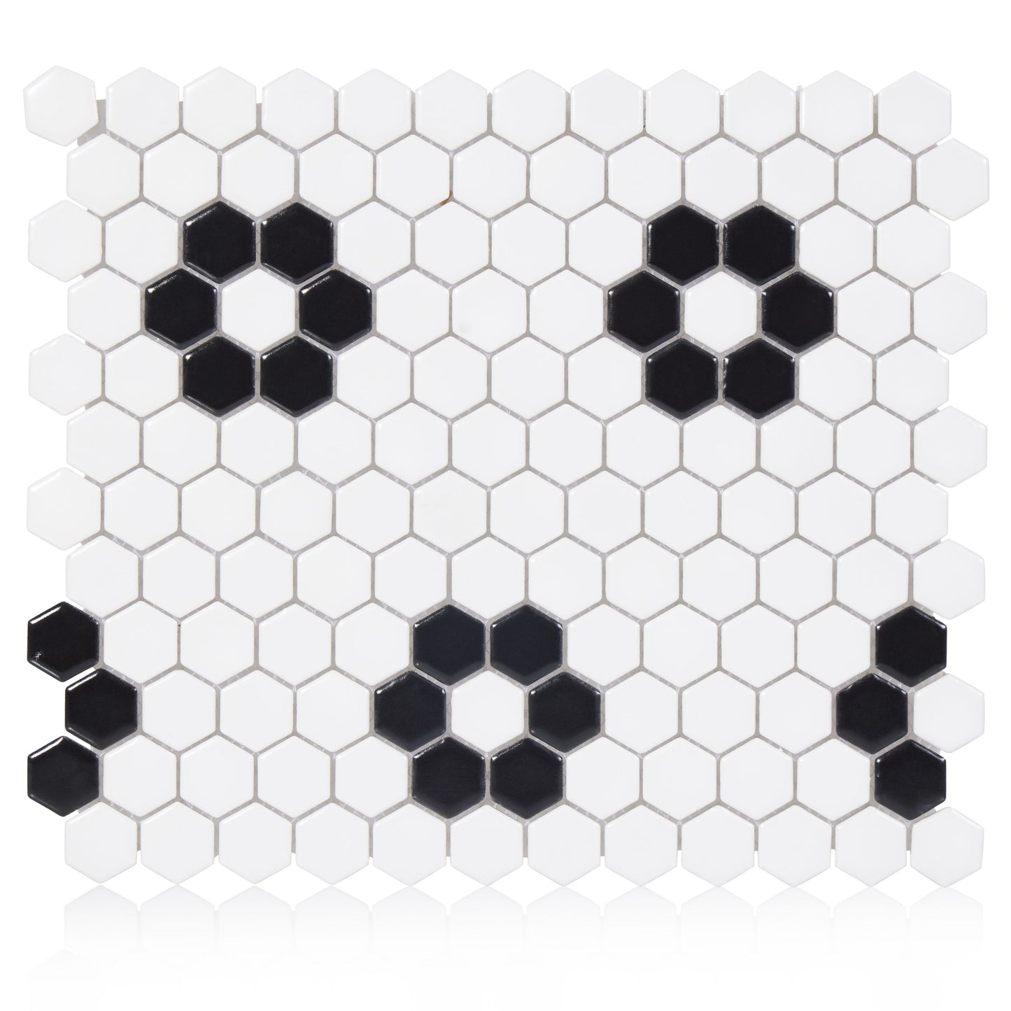 Blossom Hex White w/ Black 1-Inch Flower Mosaic Tile - 20 pcs per case - Industry Tile