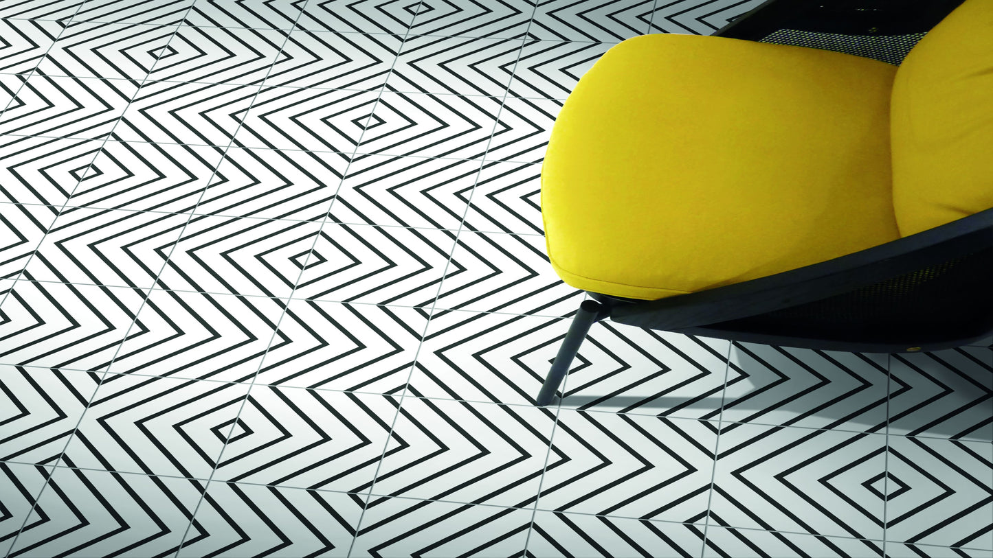 8x8 Black and White Vera porcelain tile - Industry Tile