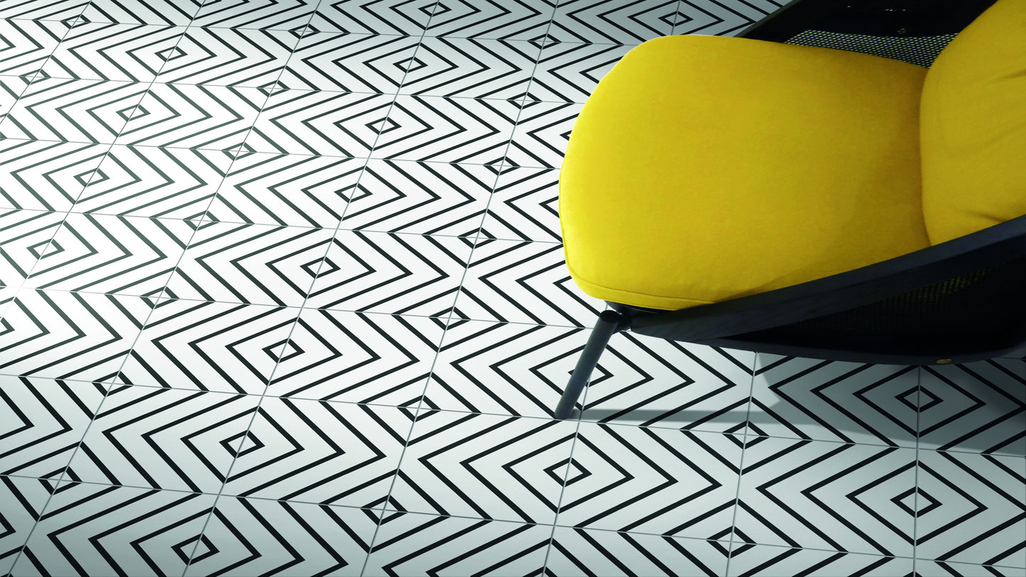 8x8 Black and White Vera porcelain tile - Industry Tile