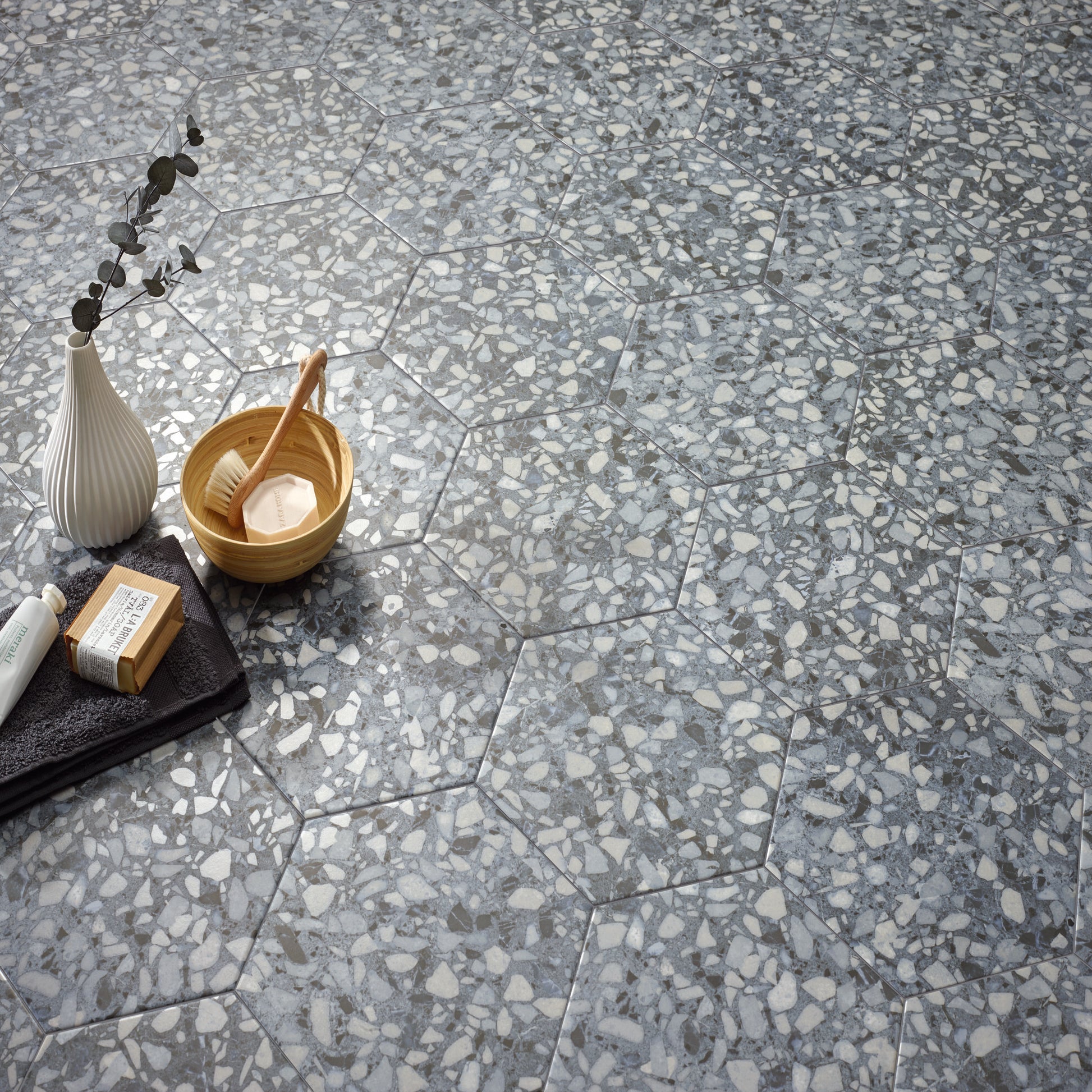 9x10 Hexagon Blue Terrazzo porcelain tile - Industry Tile
