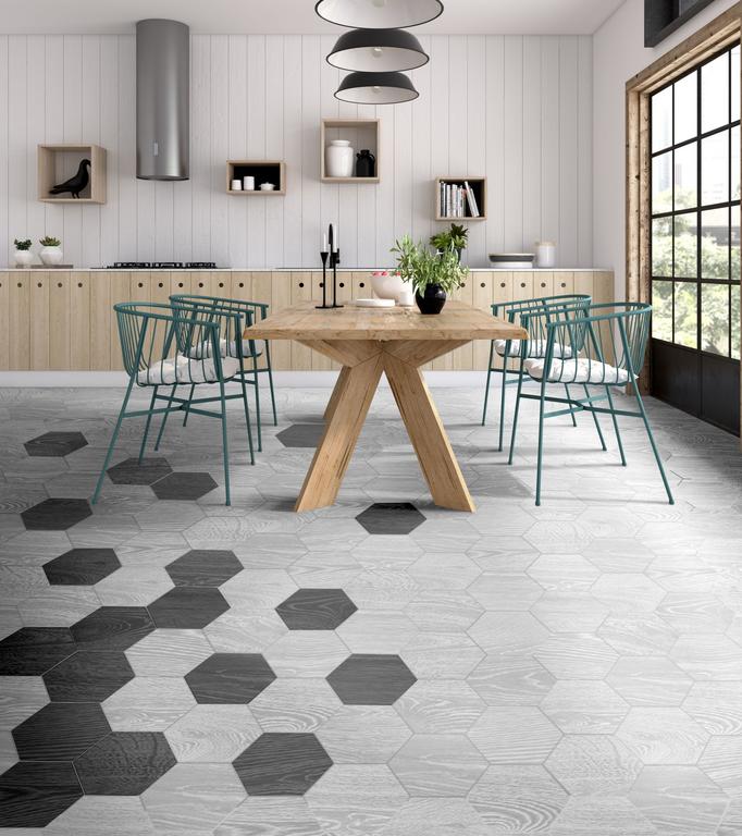 Woodside 8x10 Black hexagon porcelain tile - Industry Tile