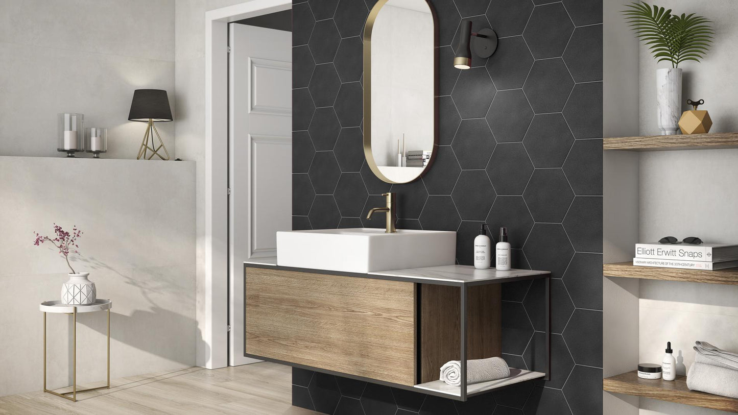 7.8x9 Tribeca Hexagon Black porcelain tile - Industry Tile