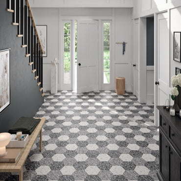 9x10 Hexagon Black Terazzo porcelain tile - Industry Tile