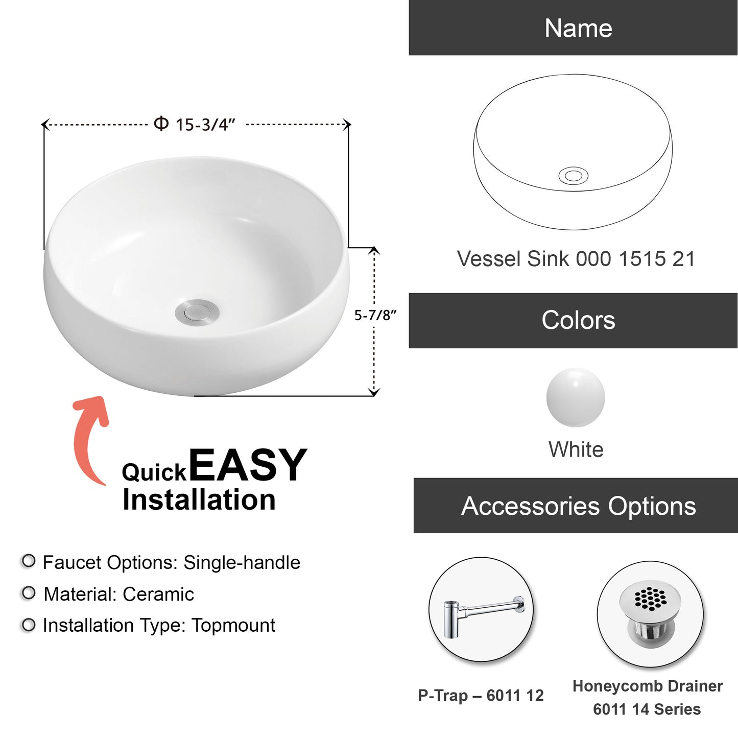 Bathroom Ceramic Vessel Sink - White Gloss - 15" Round