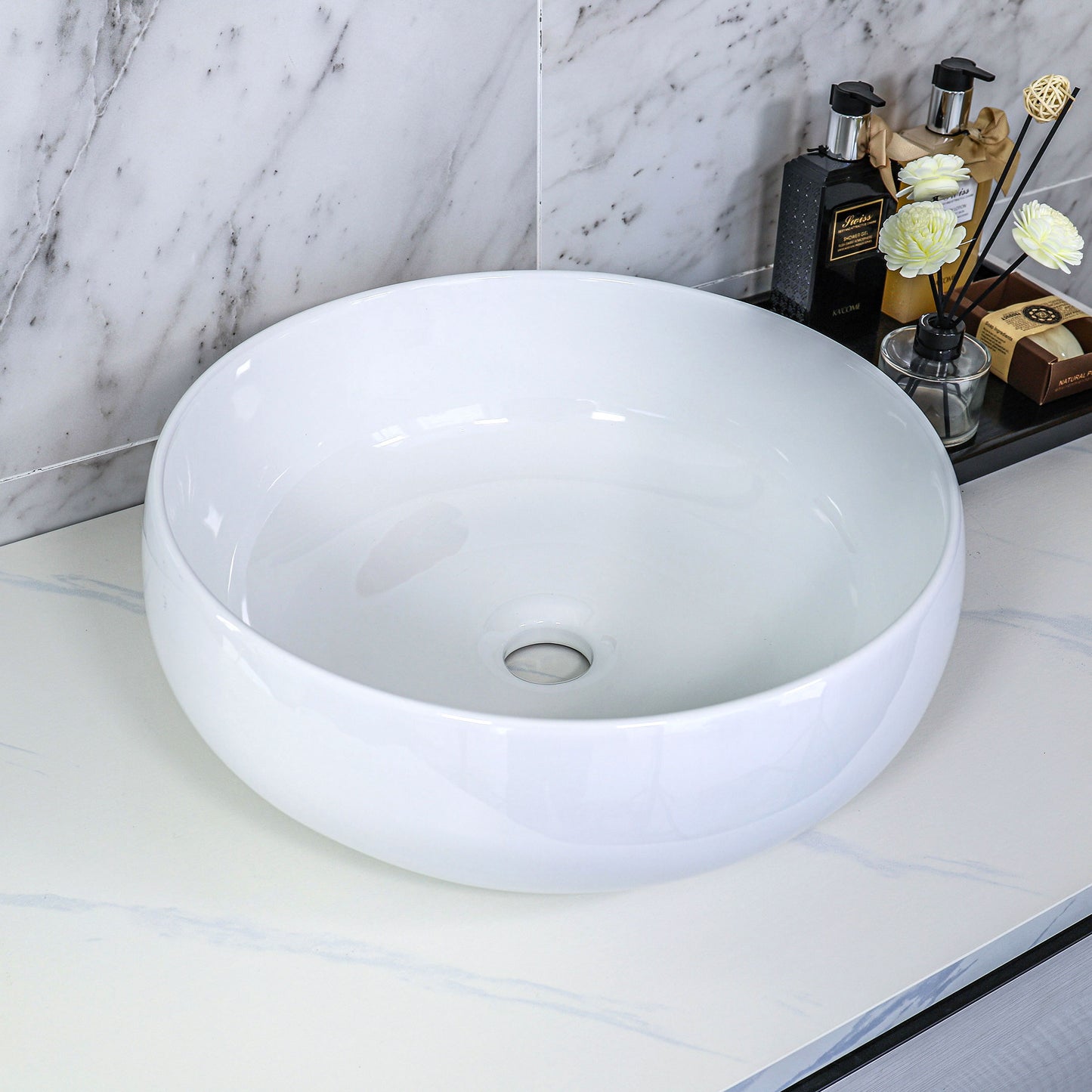 Bathroom Ceramic Vessel Sink - White Gloss - 15" Round