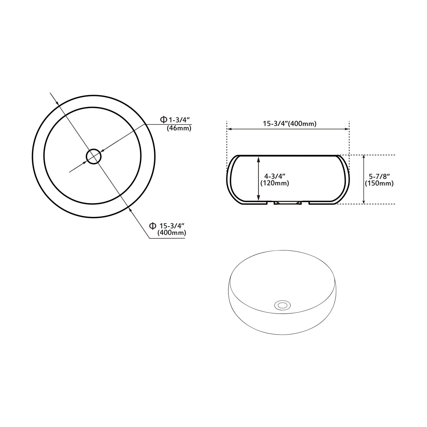 Bathroom Ceramic Vessel Sink - White Gloss - 15" Round