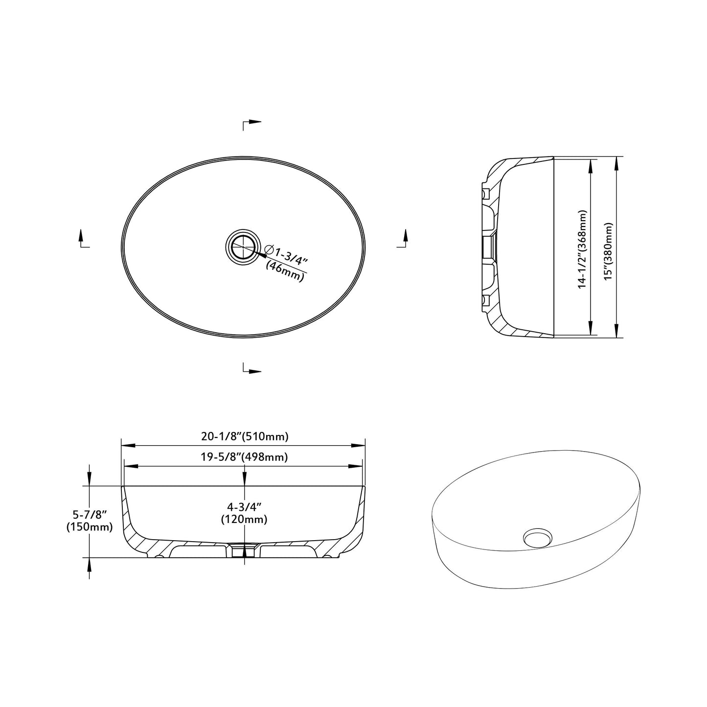 Bathroom Ceramic Oval Vessel Sink - 20" - White Gloss