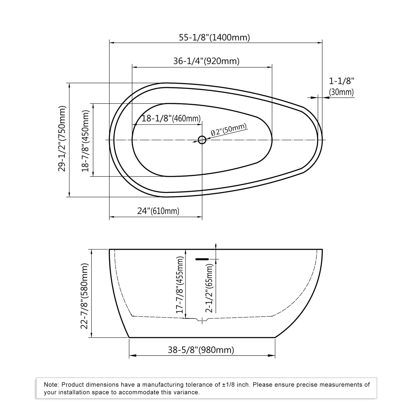 Freestanding Acrylic Oval Bathtub 55.13"x29.5"