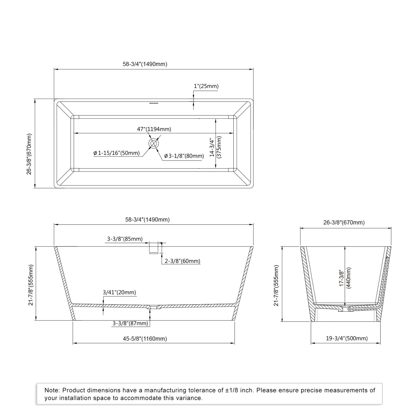 Freestanding Soaking Solid Bathtub 59"x26" - Matte White