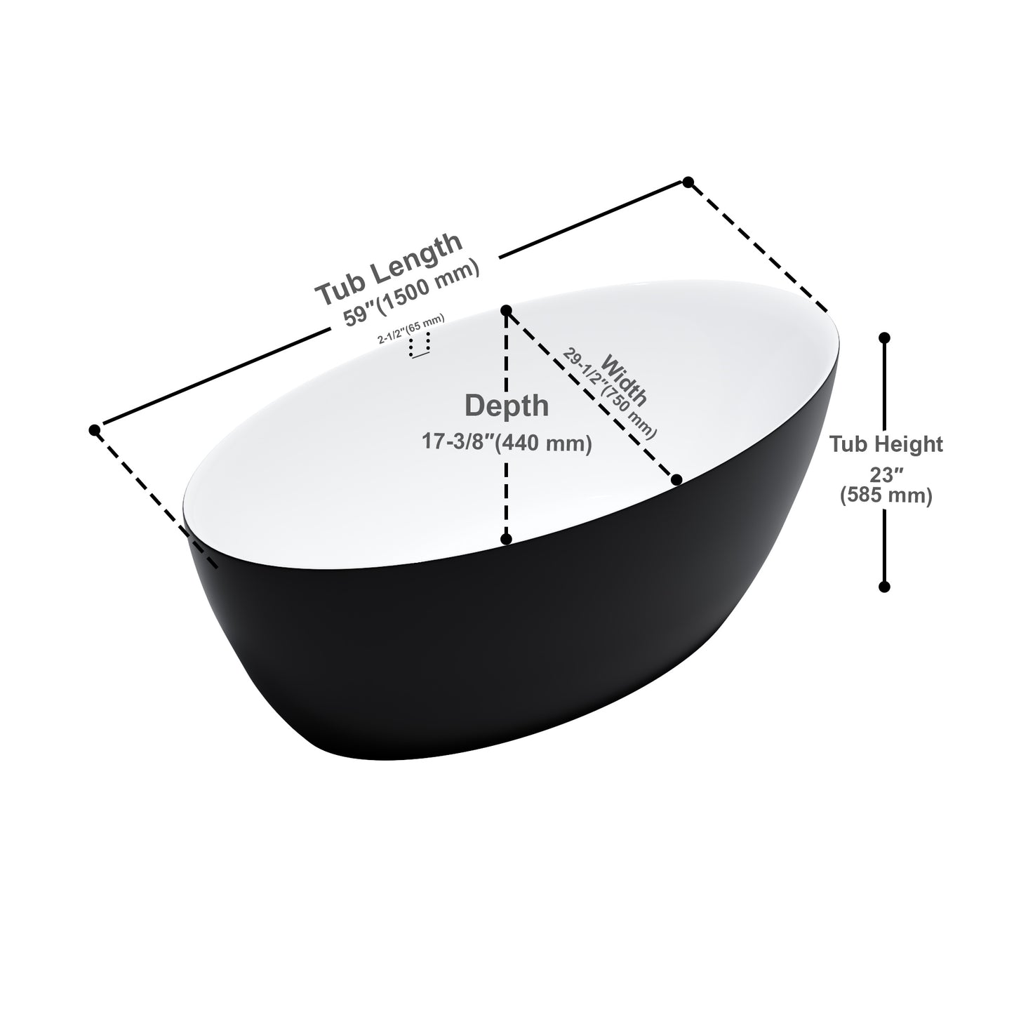 Freestanding Acrylic Oval Bathtub 59"x29.5" - Matte Black