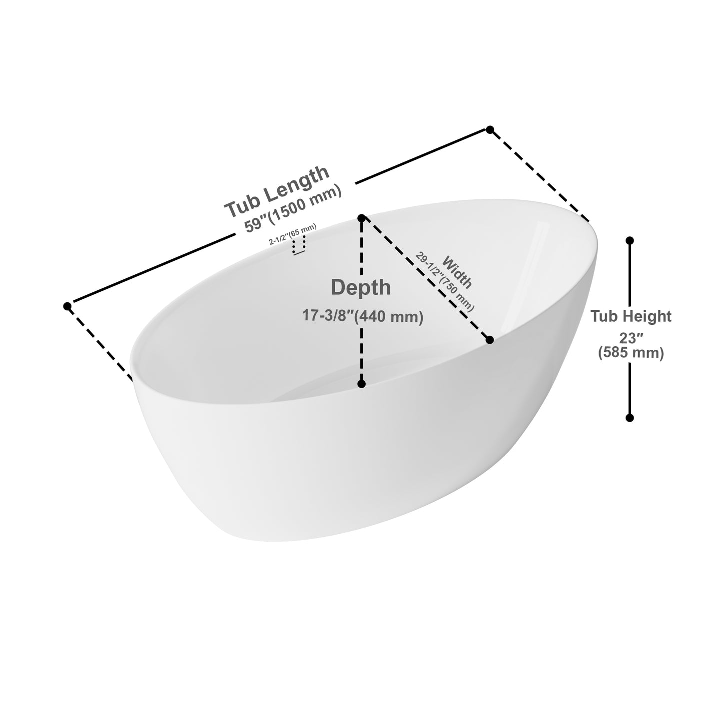 Freestanding Acrylic Oval Bathtub 59"x29.5" - White