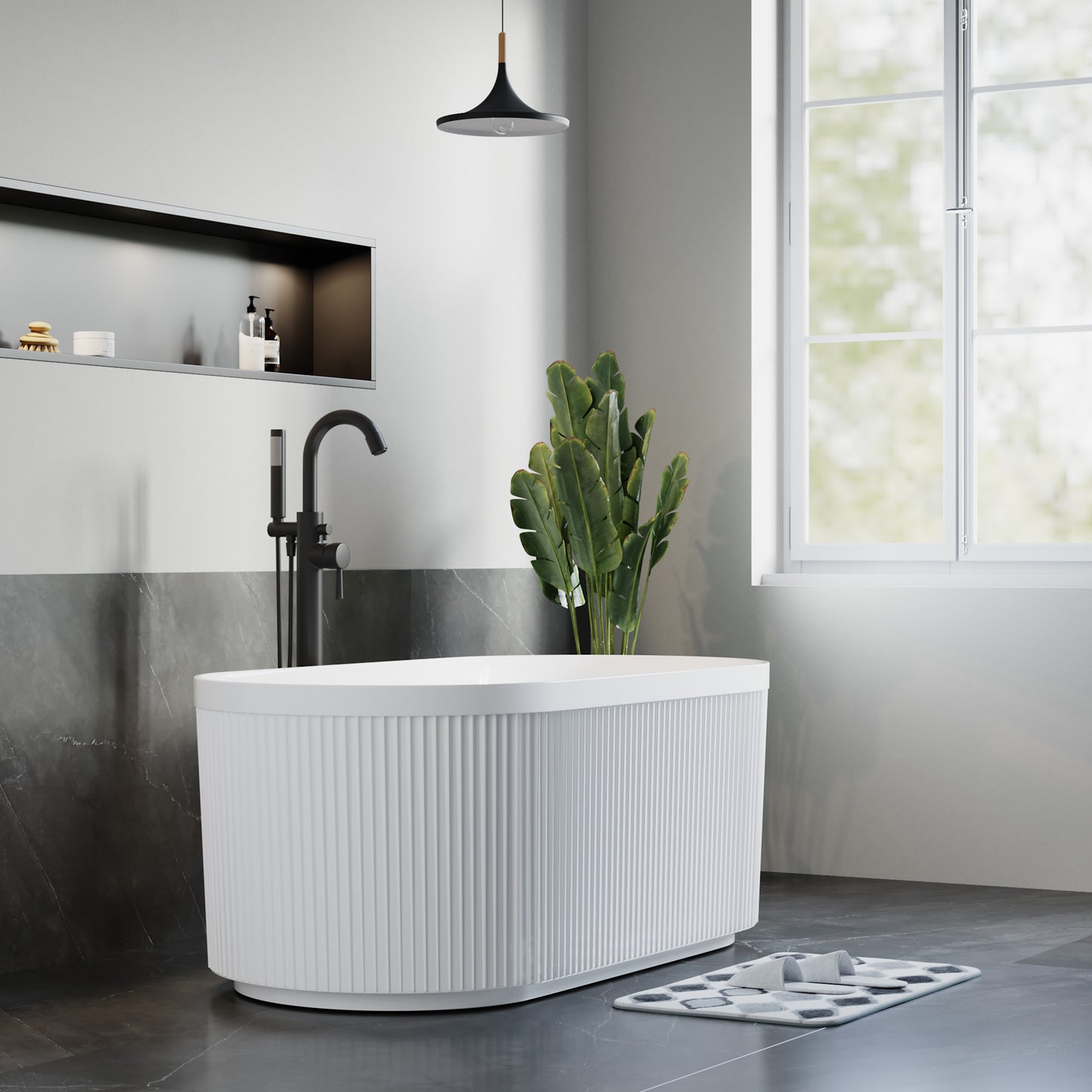 Freestanding Fluted Acrylic Oval Bathtub - White