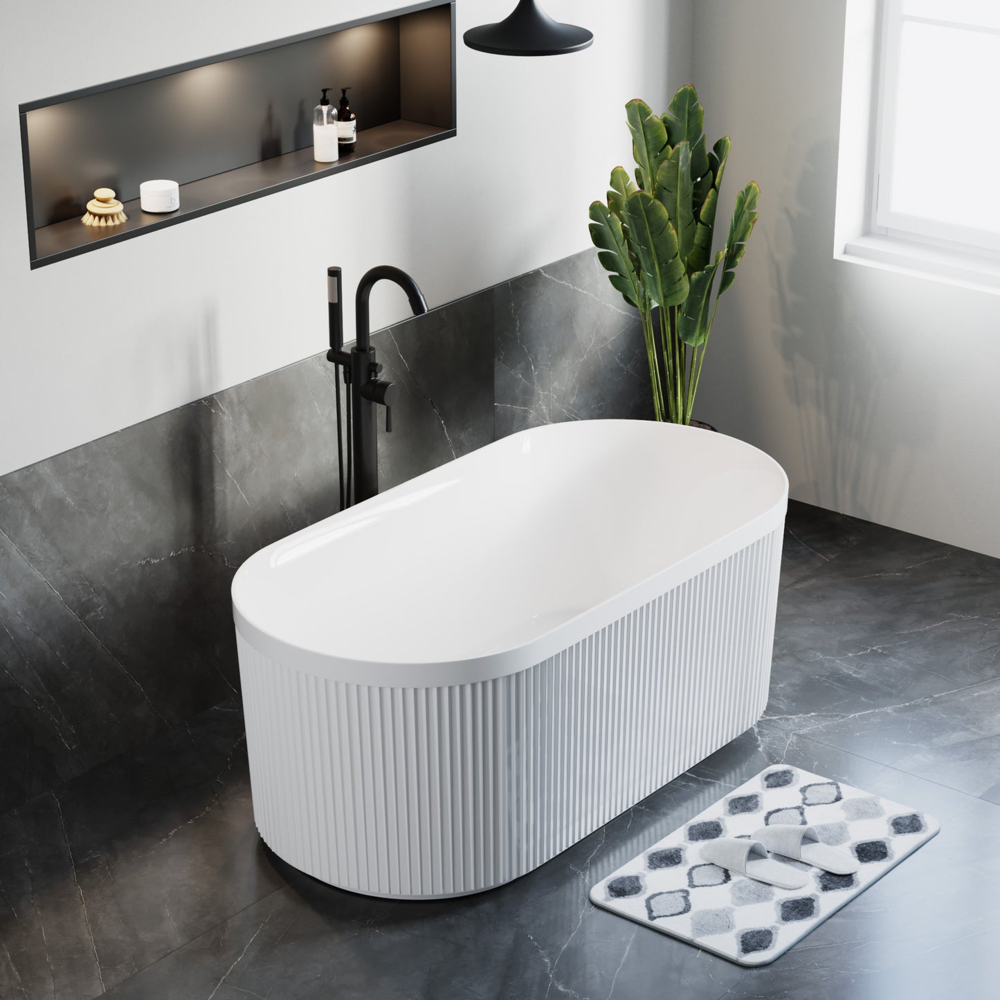 Freestanding Fluted Acrylic Oval Bathtub - White