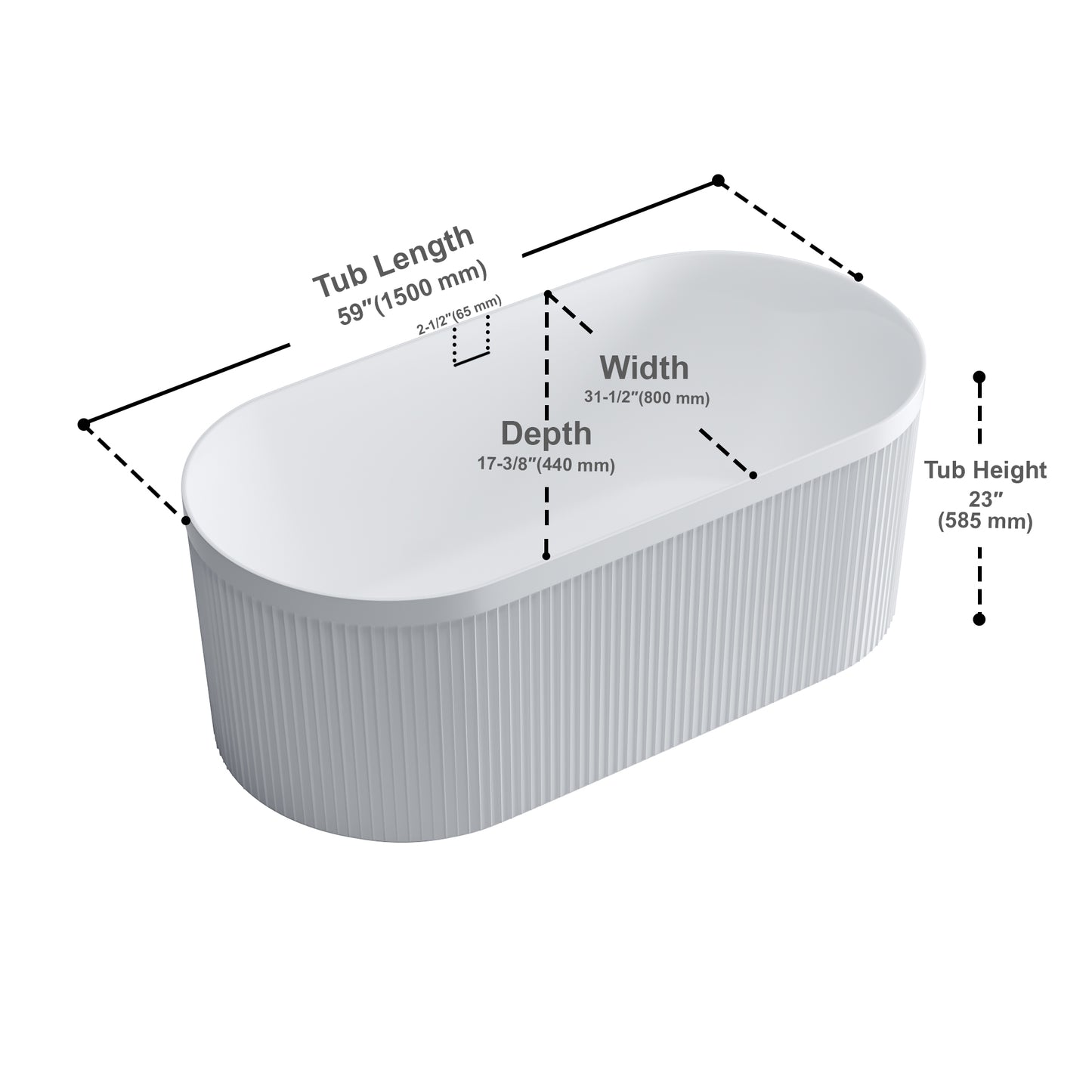 Freestanding Fluted Acrylic Oval Bathtub - White