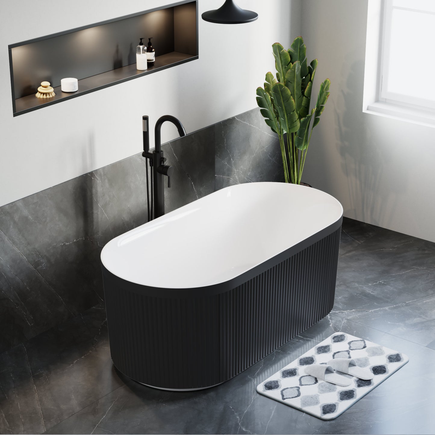 Freestanding Fluted Acrylic Oval Bathtub - Matte Black