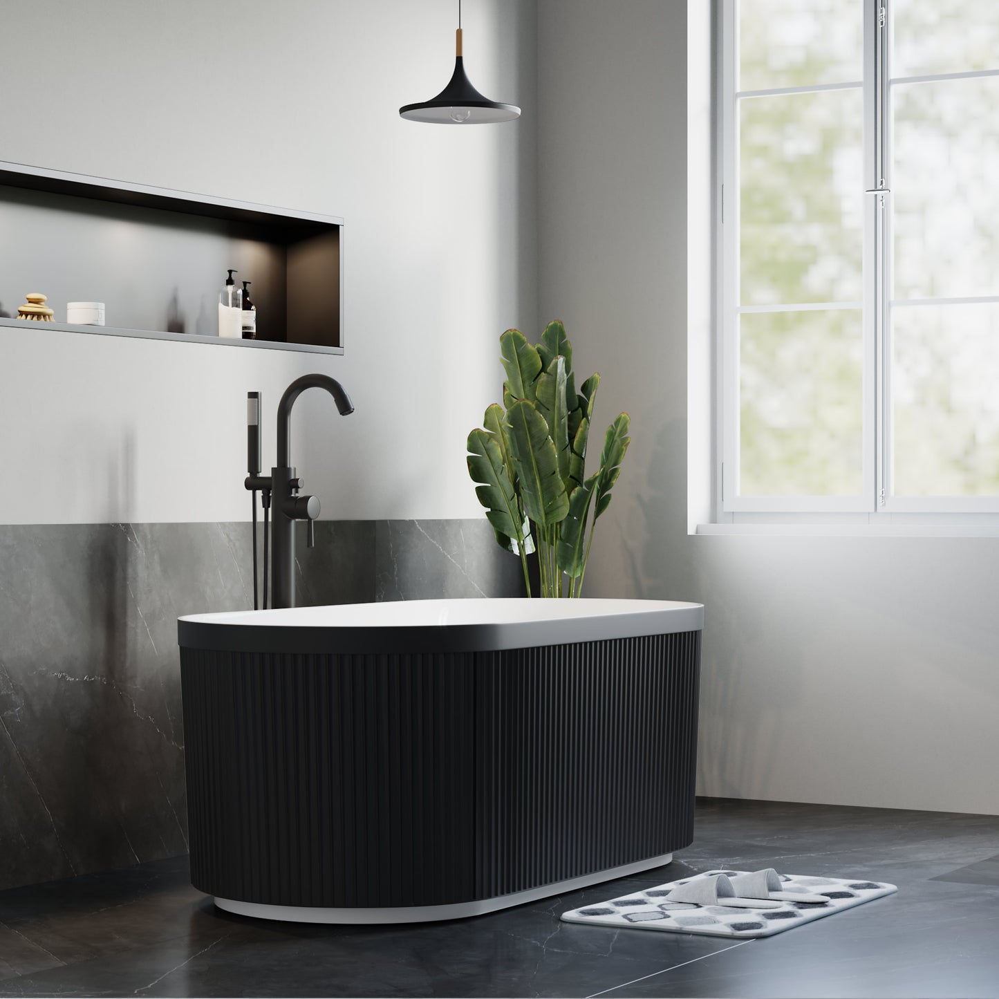 Freestanding Fluted Acrylic Oval Bathtub - Matte Black