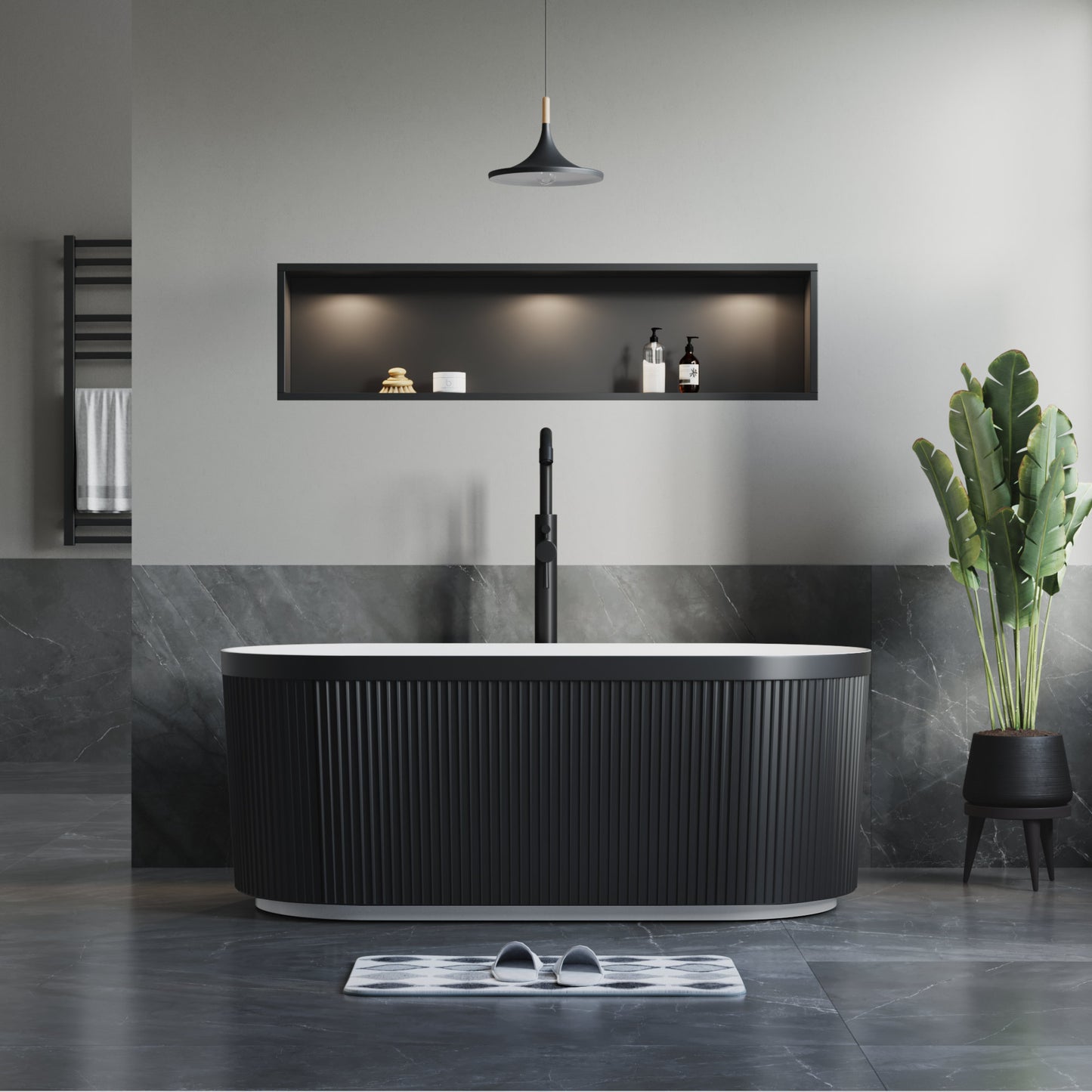 Freestanding Fluted Acrylic Oval Bathtub - Matte Black