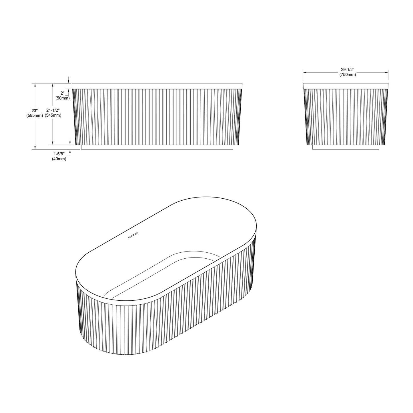 Freestanding Fluted Acrylic Oval Bathtub - White