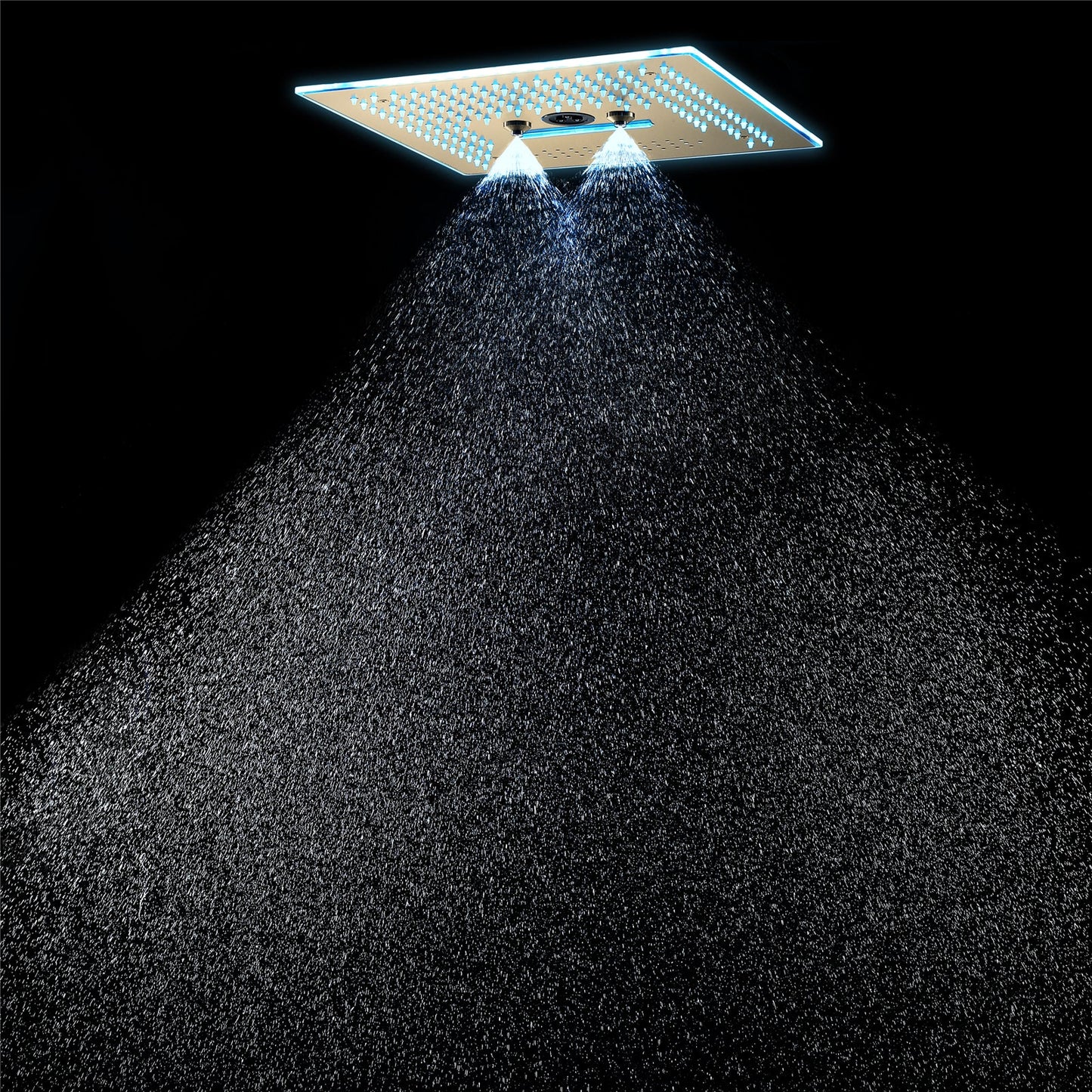 16-Inch Brushed Gold Flush-Mounted Rainfall, Waterfall, Mist, Hydro-Massage Shower Head with 64 LED Lights and Bluetooth Music - 5-Way Thermostatic Shower Faucet With Optional Digital Display