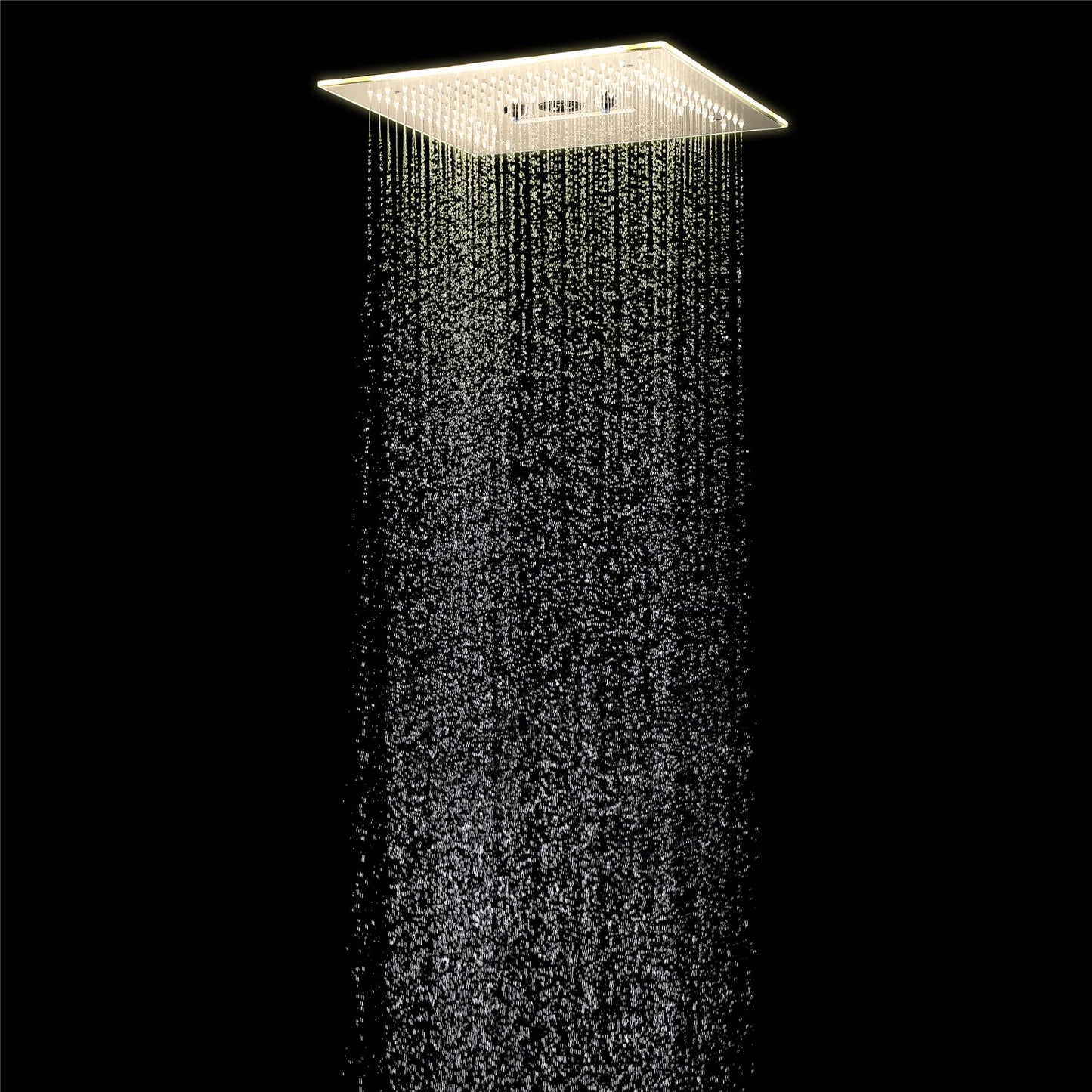 16-Inch Brushed Gold Flush-Mounted Rainfall, Waterfall, Mist, Hydro-Massage Shower Head with 64 LED Lights and Bluetooth Music - 5-Way Thermostatic Shower Faucet With Optional Digital Display