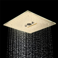 16-Inch Brushed Gold Flush Mount Shower Faucet Set with 6-Way Thermostatic Control, 64-Color LED, Bluetooth Music, Rainfall-Waterfall-Mist Features, Rotating Hydro Jet, and Regular Head