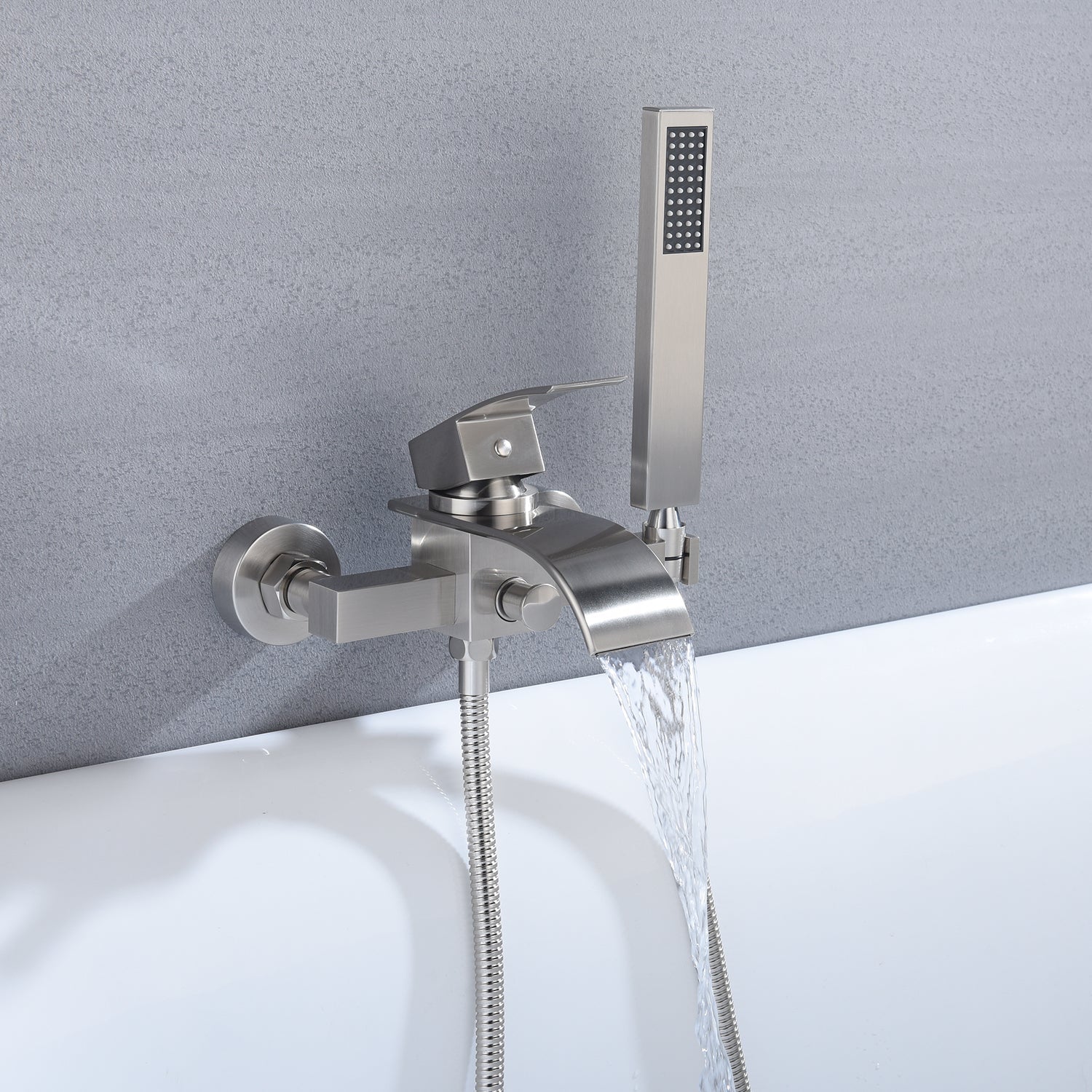 Brushed Nickel Waterfall Wall-Mount Bath Tub Filler Faucet: Complete with Handheld Shower for a Luxurious Bathing Experience