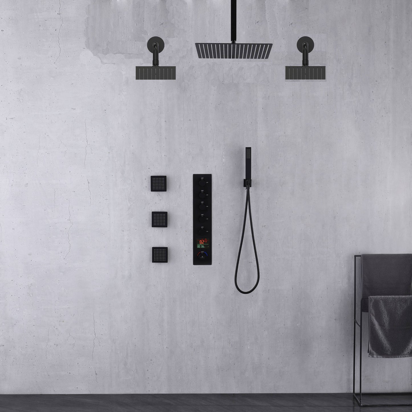 12 inch or 16 inch Matte Black Rainfall Shower System - 5-Way Thermostatic Rough-in Valve with Invigorating Body Jets and Dual Regular Head
