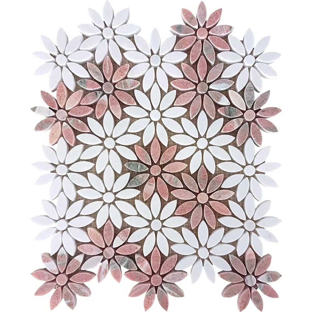 Vellora Rosé Thassos Polished Natural Stone Floral Mosaic Tile