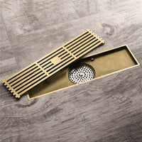 12-Inch Brushed Gold Rectangular Floor Drain - Square Hole Pattern Cover Grate - Removable - Includes Accessories