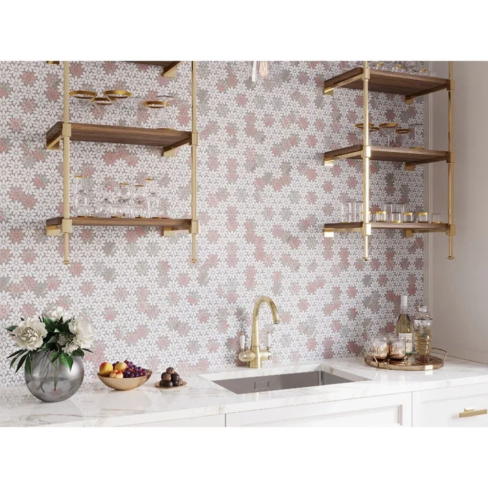 Vellora Rosé Thassos Polished Natural Stone Floral Mosaic Tile