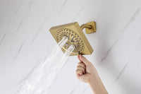 12-Inch Brushed Gold Flush Mount Shower Faucet Set: 3-Way Thermostatic Control, 64-Color LED Lights, Bluetooth Music, and Regular Head