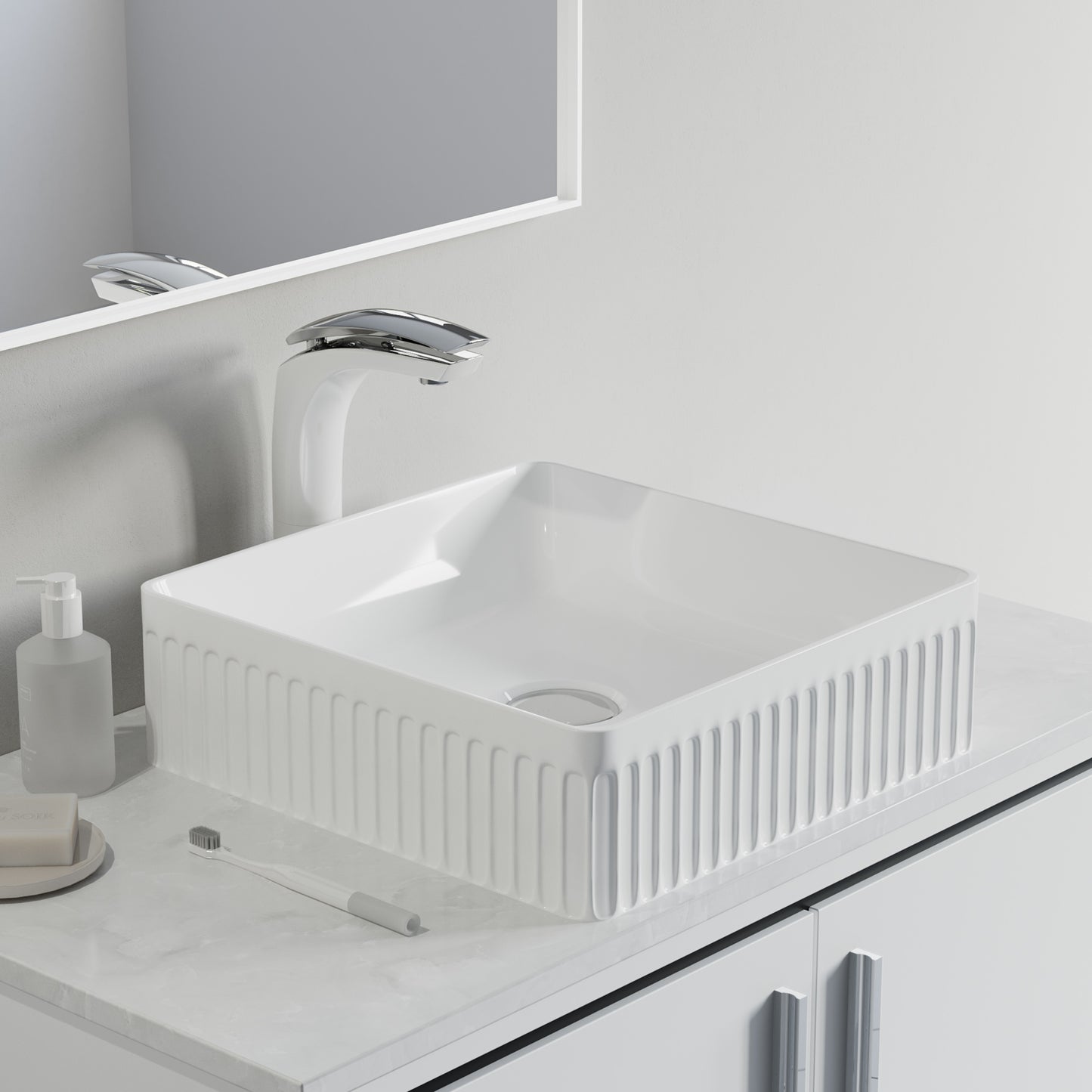 Fluted Ceramic Vessel Sink -White Gloss Square -16"x16"x5"