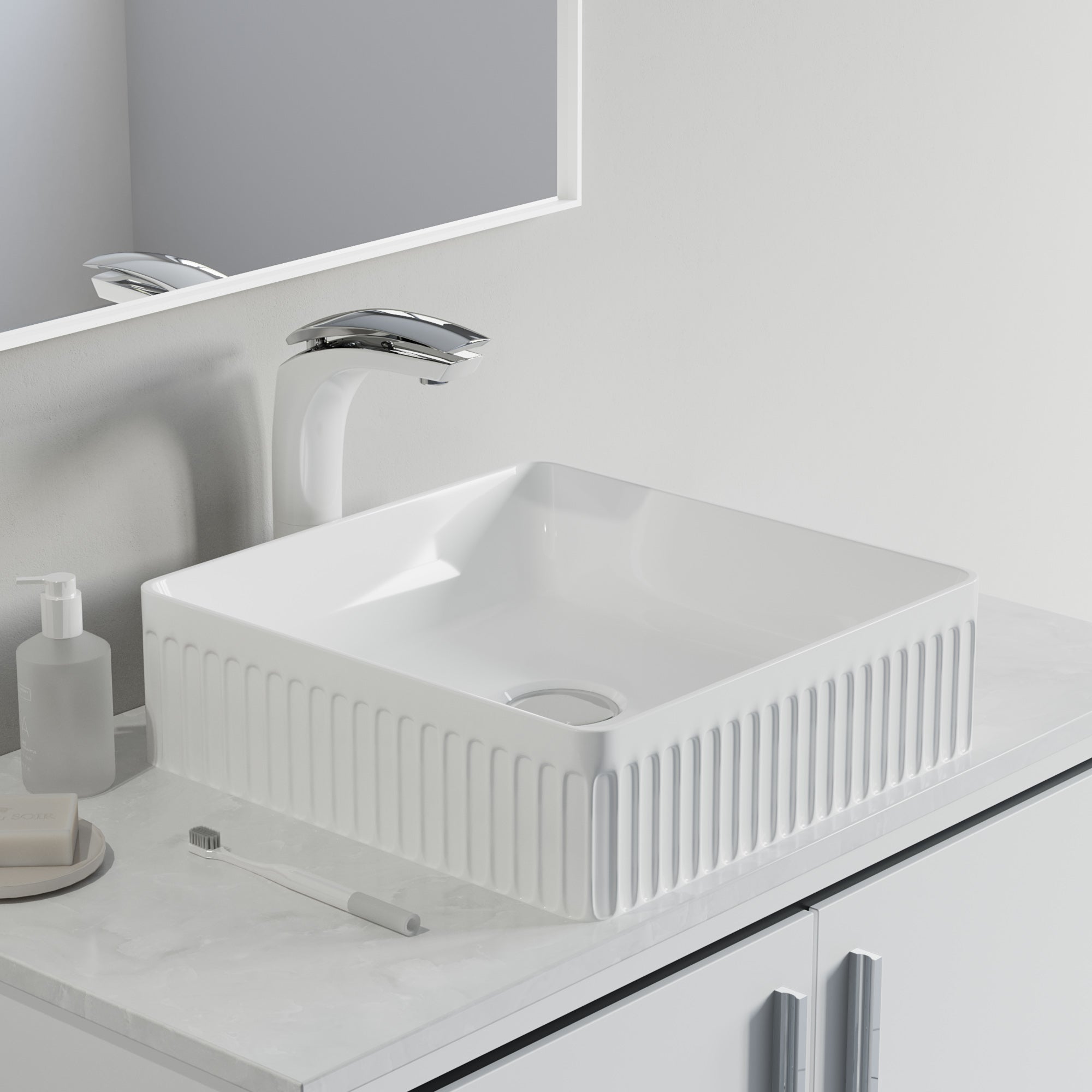 Fluted Ceramic Vessel Sink -White Gloss Square -16"x16"x5"