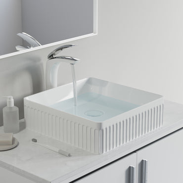 Fluted Ceramic Vessel Sink -White Gloss Square -16"x16"x5"