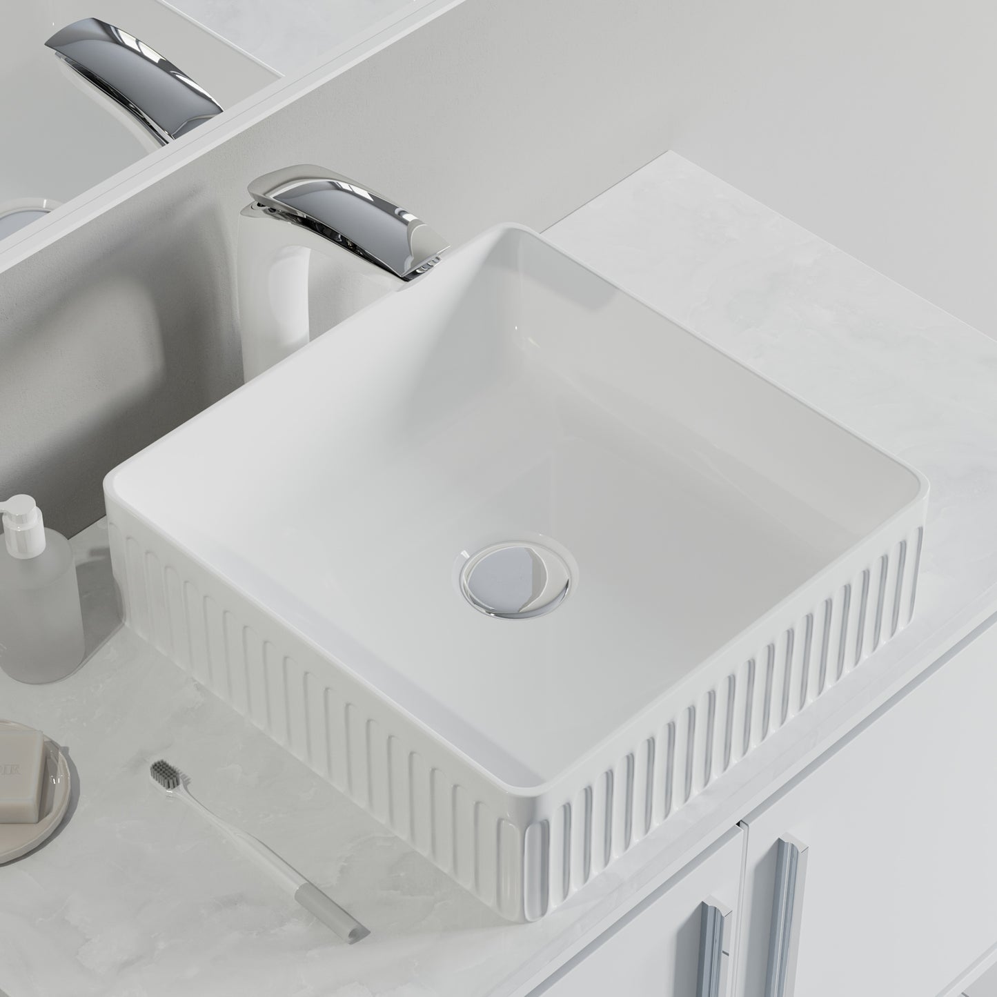 Fluted Ceramic Vessel Sink -White Gloss Square -16"x16"x5"