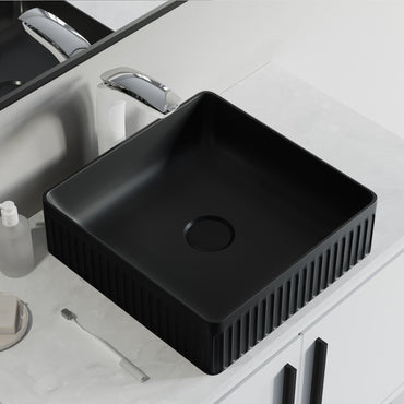 Fluted Ceramic Vessel Sink - Matte Black Square -16"x16"x5"