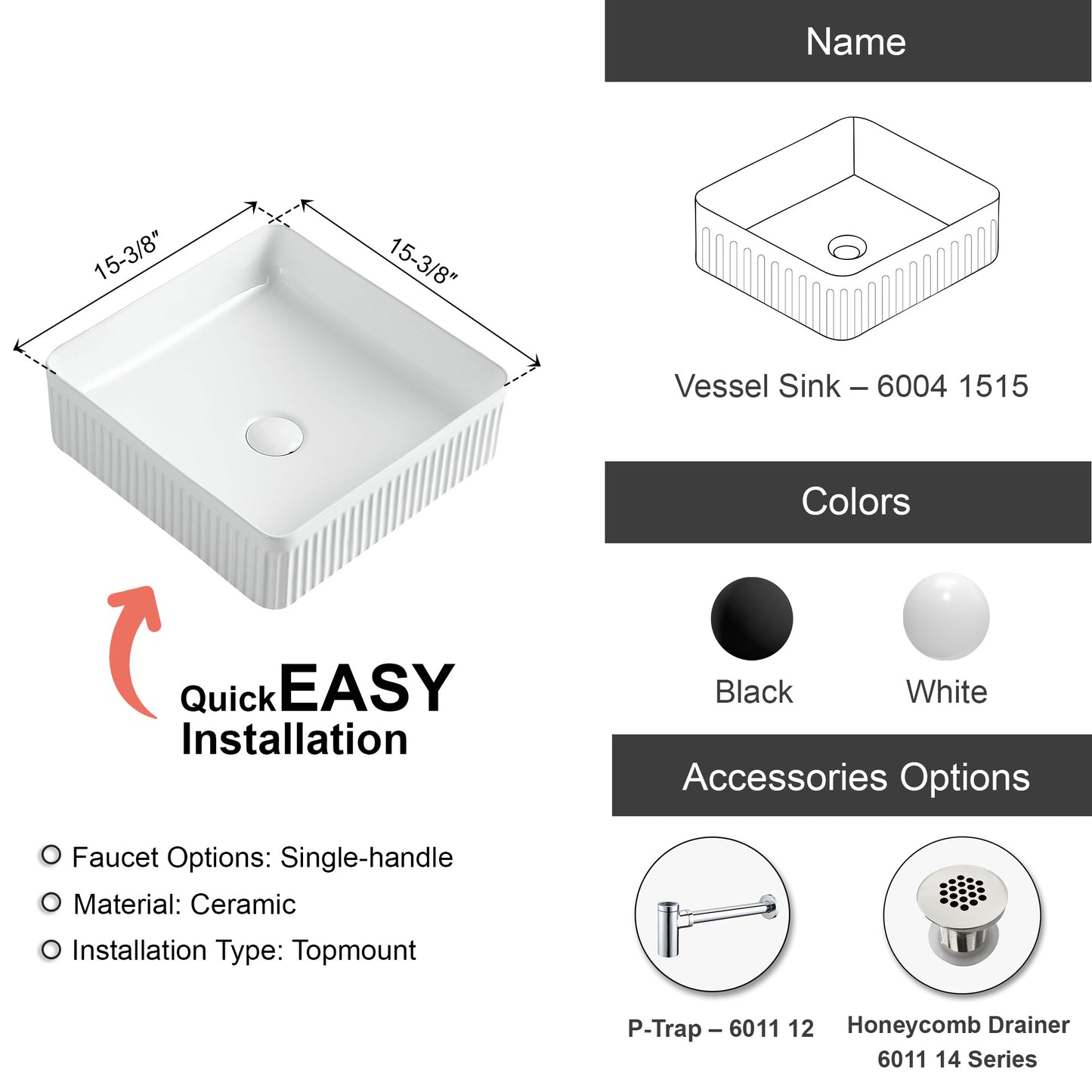 Fluted Ceramic Vessel Sink -White Gloss Square -16"x16"x5"