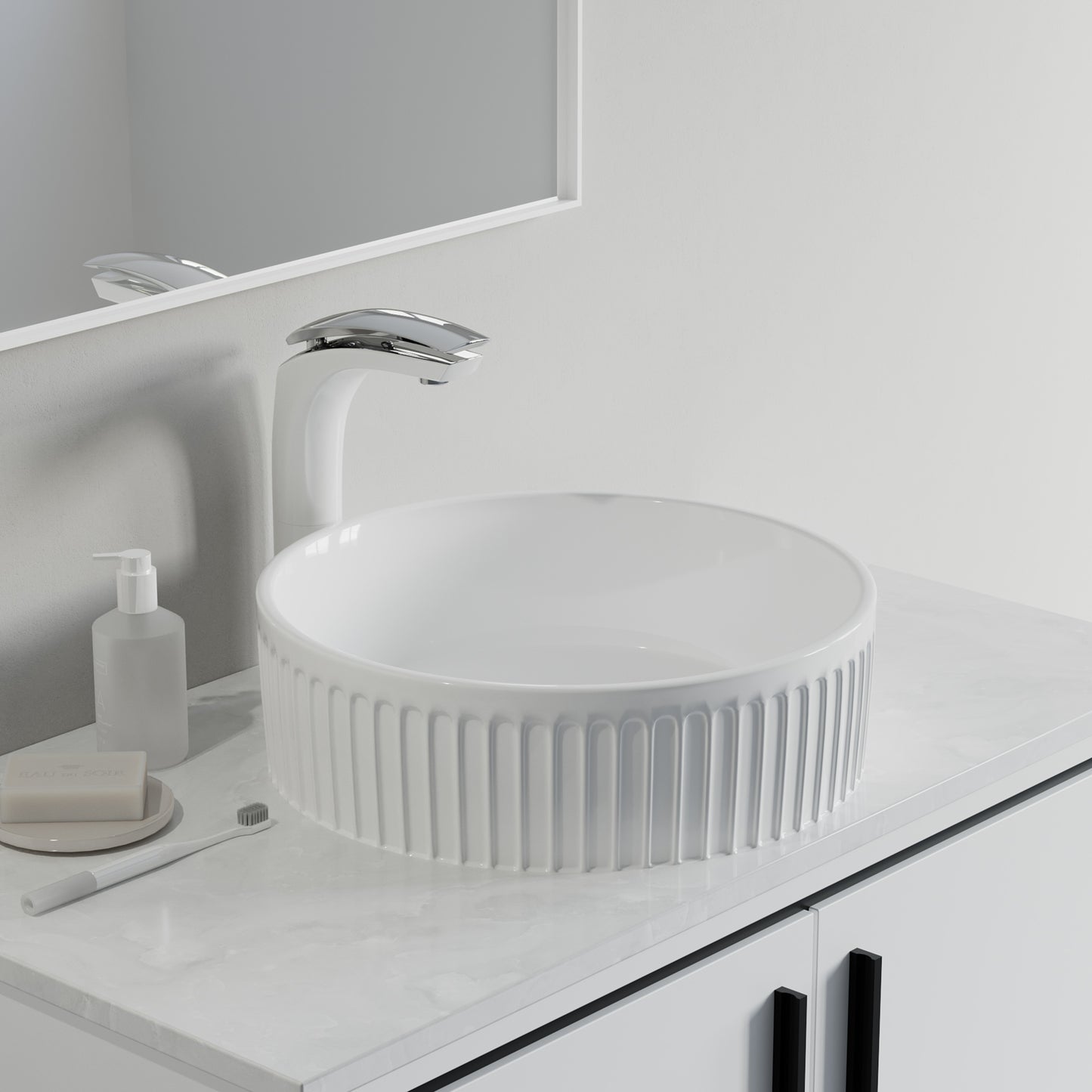 Fluted Ceramic Vessel Sink - Gloss White - 16" Round