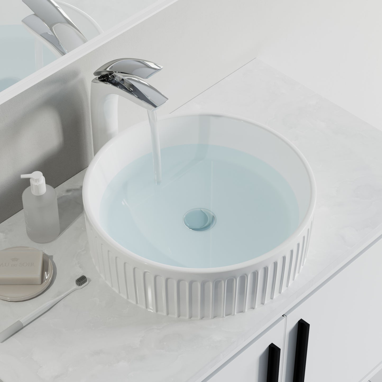 Fluted Ceramic Vessel Sink - Gloss White - 16" Round