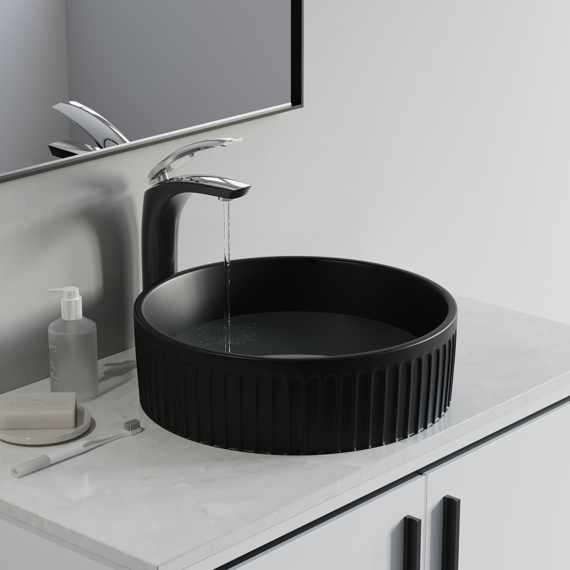 Fluted Ceramic Vessel Sink - Matte Black - 16" Round