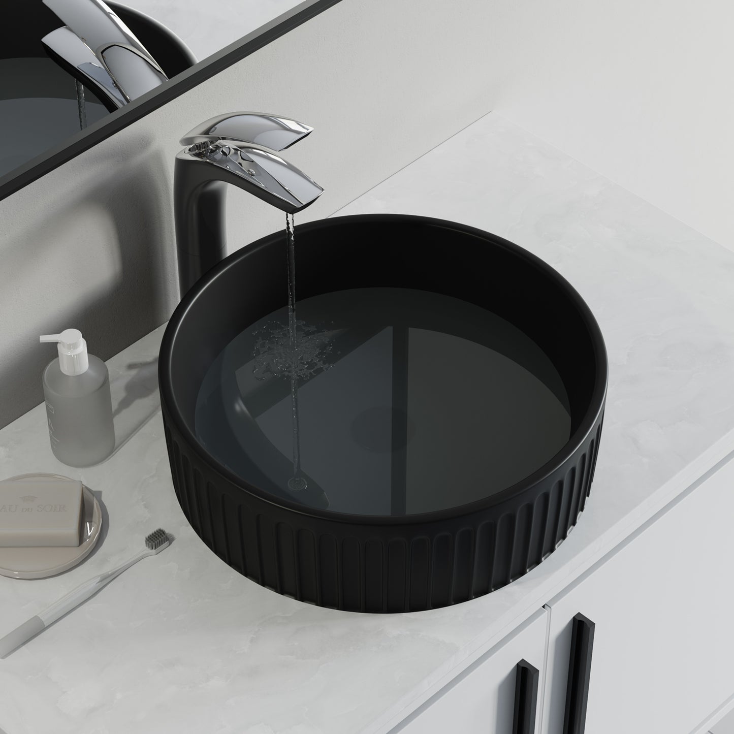 Fluted Ceramic Vessel Sink - Matte Black - 16" Round