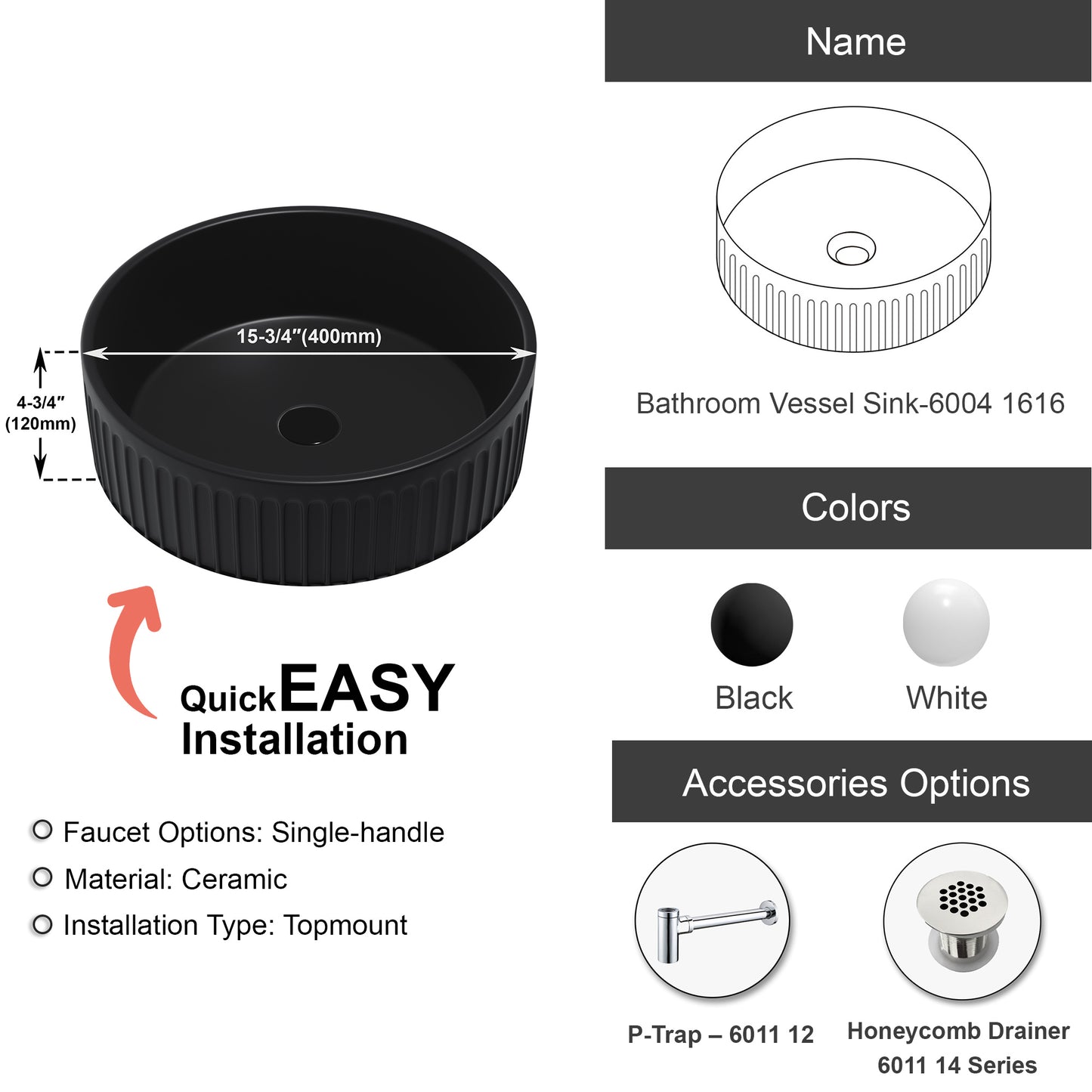 Fluted Ceramic Vessel Sink - Matte Black - 16" Round